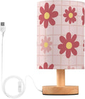 Pink Floral LED Table Lamp, Bedside Lamp with Linen Lampshade, Flicker-Free Eye Care USB Plug in Nightstand Lamp, for Bedroom and Office