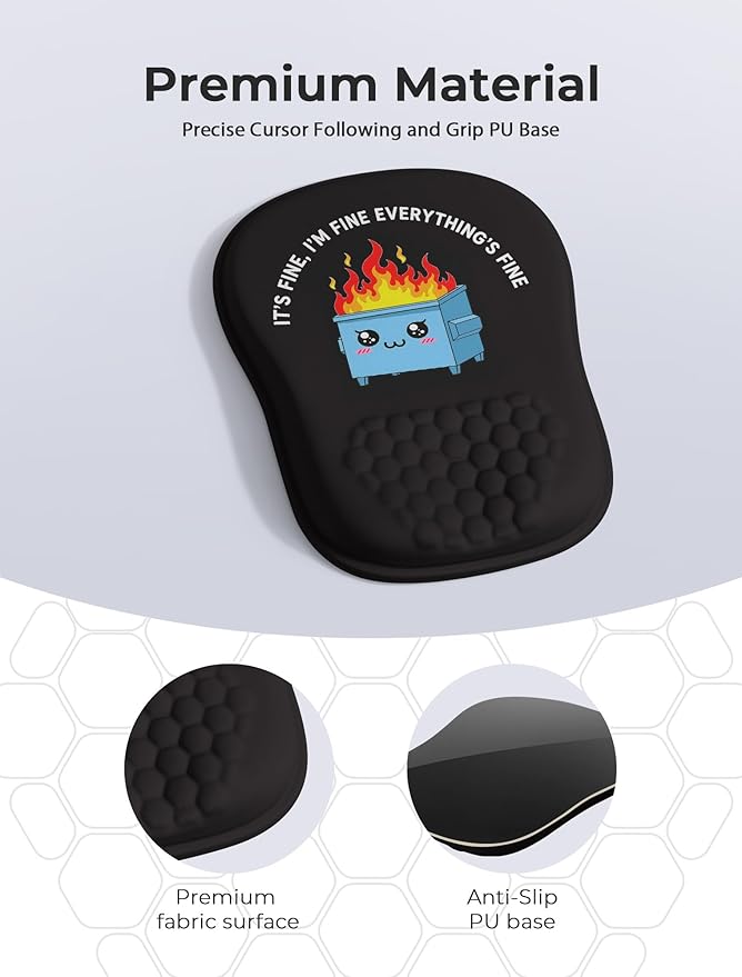 Funny Dumpster on Fire Ergonomic Mouse Pad for Carpal Tunnel Pain Relief, 65% Usable Mouse Area, Memory Foam Concave Wrist Rest for for Office, PC, Gaming