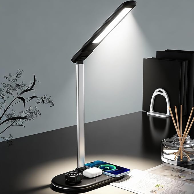3-in-1 Wireless Charging Desk Lamp,15W Qi Fast Charger for Phone/Watch/Earbuds,Adjustable LED Light with 3 Colors & Stepless Dimming,Flexible Gooseneck,Touch Panel,HYT2096 Black.