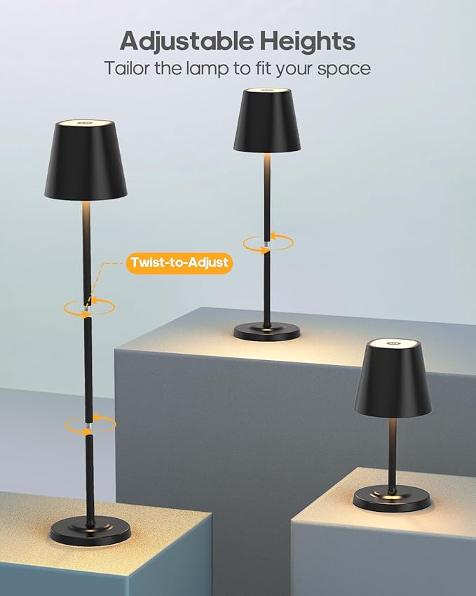 GOODEA LED Cordless Table Lamp Rechargeable, 3-Height Adjustable, 5500mAh Battery Operated Lamp, 3-Color Dimming Touch Lamp, Portable Lamp for Dining, Bedroom,Camping, Outdoor, Indoor(Black 2 Pcs)