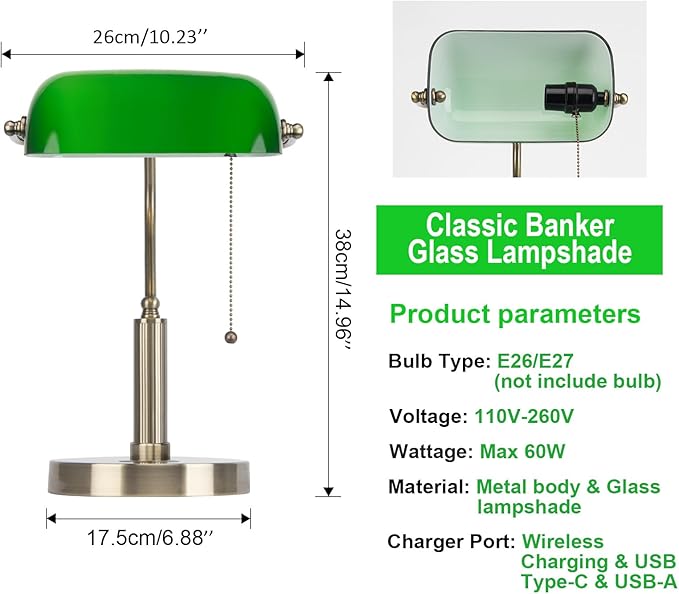 FIRVRE Glass Bankers Desk Lamp USB Wireless Charging Port LED Desk Lamp Classic Retro Pull Chain Switch Table lamp Reading Modern for Home Office nightstand Bedside Study Desk Library (Green)