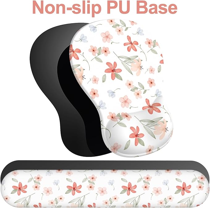 Ergonomic Mouse Pad with Wrist Rest and Keyboard Wrist Rest, Gel Mousepad and Wrist Rest for Computer Keyboard, Non-Slip PU Base, Mouse Pad with Wrist Support for Gaming, Orange Flowers