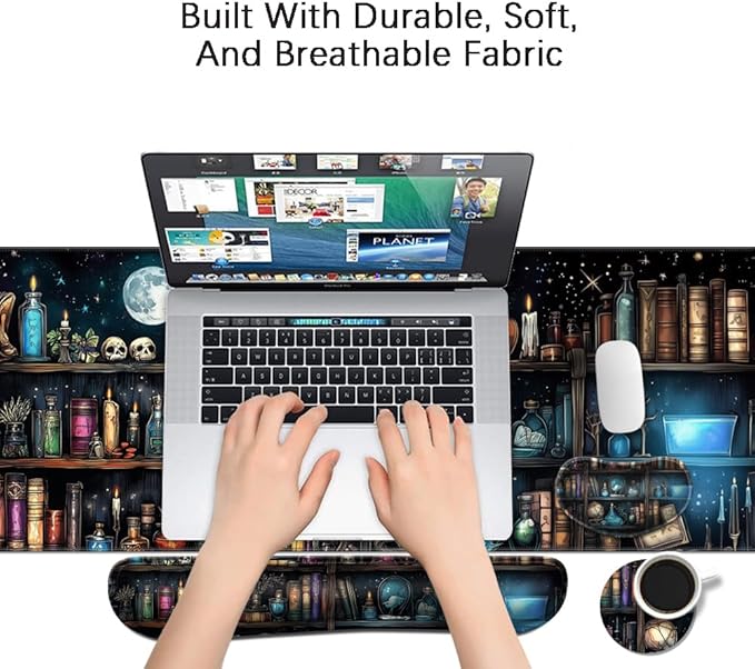 MIBITRI Keyboard Mouse Pad Set, Extended Gaming Mouse Pad+Ergonomics Keyboard Wrist Rest Support, Memory Foam, Easy Typing, 4Pcs XXL Ultra Thick Desk Mat, Enchanted Bookshelf
