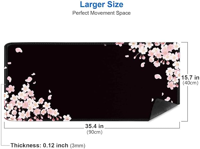 IMAYONDIA Ethereal Sakura Nightfall Desk Pad (35.4x15.7 in), Cherry Blossom Large Gaming Mouse Pad Mousepad, Serene Blossoms on Black Elegant Floral Art Desk Mats, Japanese Floral Computer Accessory