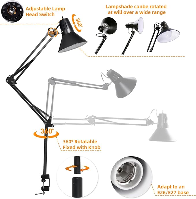 2 Pack LED Desk Lamp Dimmable with Clamp, Eye-Caring Clip on Lights for Home Office, 3 Adjustable Color Temperature, Extra Tall Metal Swing Arm, High Intensity Clamp w/A19 E26 Bulb for Working Reading