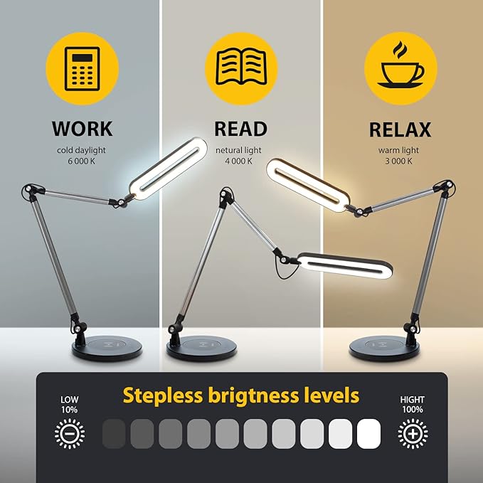 OTUS LED Architect Desk Lamp with Wireless Charging Base, Adjustable Swing Arm, 32 in Tall, 11.8 in Panel, 3 Color Modes, 12 Dimmable Levels, for Home Office Reading Study