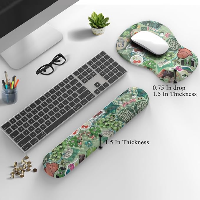 Mint Green Keyboard Wrist Rest Support Mouse Pad&Keyboard Set, Cute Green Ergonomic Mousepad Non-Slip Base Desk/Office Easy Typing Pad with Neoprene Cloth&Raised Curved Memory Foam