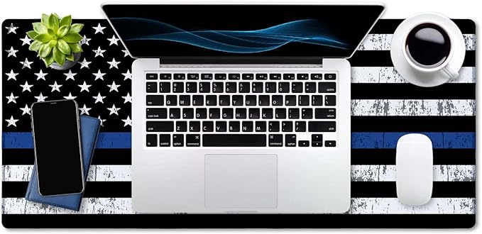 SSOIU Desk Mat, Extended Gaming Mouse Pad 35.5x15.7 in, Large Non-Slip Rubber Base Mousepad with Stitched Edges, Waterproof Keyboard Mouse Mat Desk Pad for Office, Home - Retro US Thin Blue Line Flag