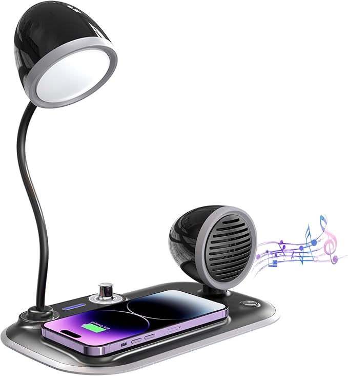 3-in-1 LED Desk Lamp with 15W Wireless Charger & Exclusive Bluetooth Speaker, 360° Gooseneck, 3 Color Modes Dimmable, 800LM CRI 85, Space-Saving for Home Office, Dorm, Bedroom (Black)