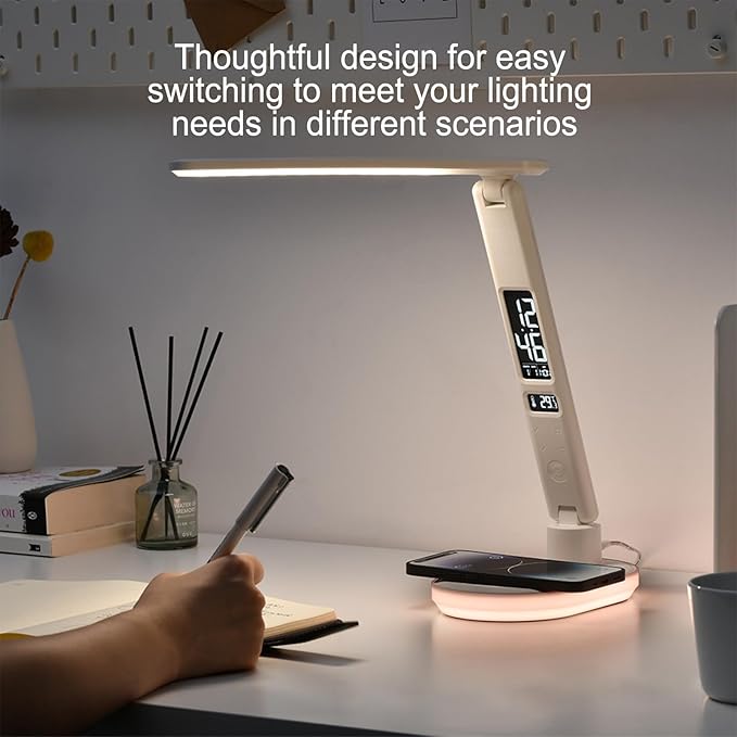 Multi Functional Table Lamp,Multifunctional Foldable Desk Lamp with Wireless Charging, Perpetual Calendar Display, Adjustable Angle, Night Light, and RGB Lighting,U20 White.