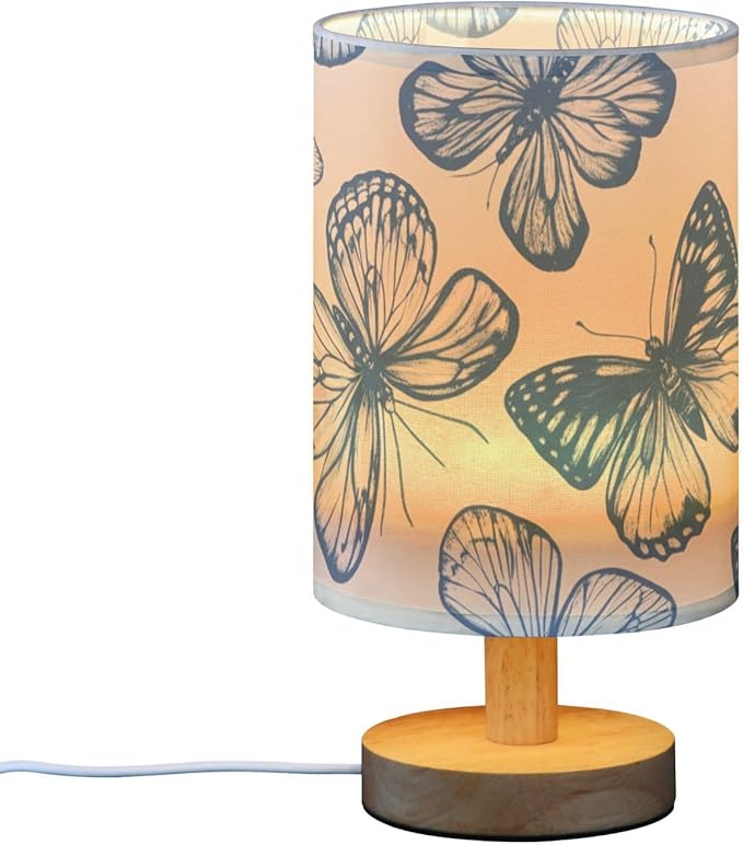 Blue Sketch Butterfly LED Table Lamp, Bedside Lamp with Linen Lampshade, Flicker-Free Eye Care USB Plug in Nightstand Lamp, for Bedroom and Office