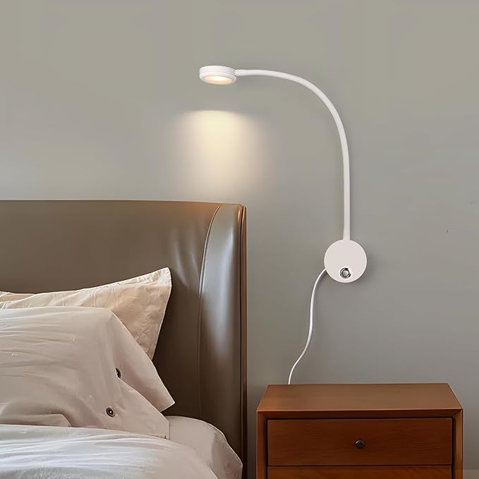 Dimmable LED Reading Lamps,Wall Mount Reading Lights for Bed Headboard,Flexible Gooseneck with Touch Dimmer Plug in Wired Sconce,3 Color Modes,10 Brightness Leves, USB Output(5V 2A), White 1 Pack