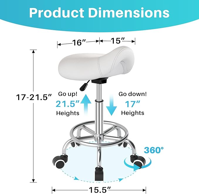 YEEZEE Saddle Stool Ergonomic- Comfortable Rolling Saddle Stool with Wide Thick Saddle Seat Padding, Swivel Adjustable Saddle Chair with Wheels and Ring Pedal for Medical Massage Salon (Classic White)