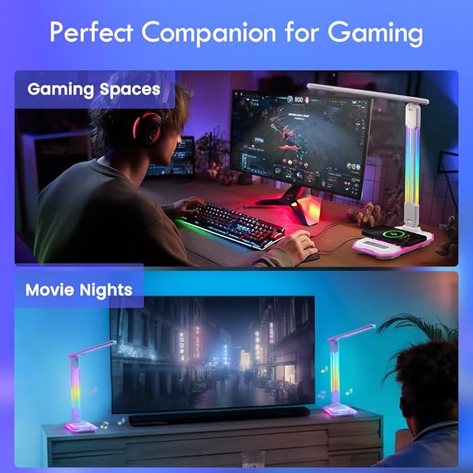 WILIT Desk Lamp for College Dorm Room, RGB Gaming Desk Light with Wireless Charging & USB Port, Gamer lamp Sound Reactive,3 Color Modes 5 Brightness,Reading Lamp Touch Control for Home Office,Study