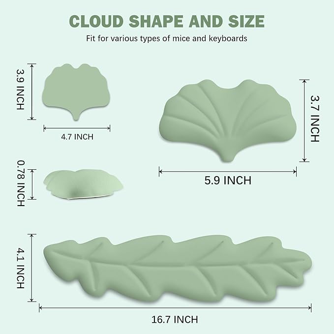 Keyboard Wrist Rest Pad Set, Leaf Shape PU Leather Memory Foam Wrist Cushion Support,Mouse Wrist Rest Pad,Non-Slip Wrist Support for Easy Typing, Green Leaf