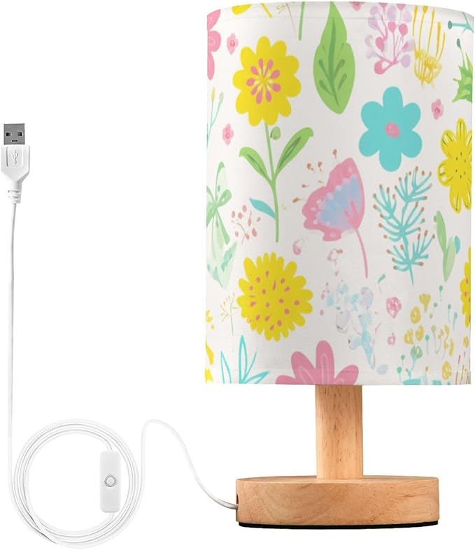 Colorful Floral LED Table Lamp, Bedside Lamp with Linen Lampshade, Flicker-Free Eye Care USB Plug in Nightstand Lamp, for Bedroom and Office