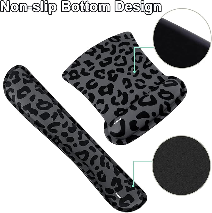 MOSISO Wrist Rest Support for Mouse Pad&Keyboard Set, Ergonomic Large Leopard Grain Desk Mat&Coaster Set, Non-Slip Mousepad&Easy Typing Cushion with Memory Foam for Home Office, Black