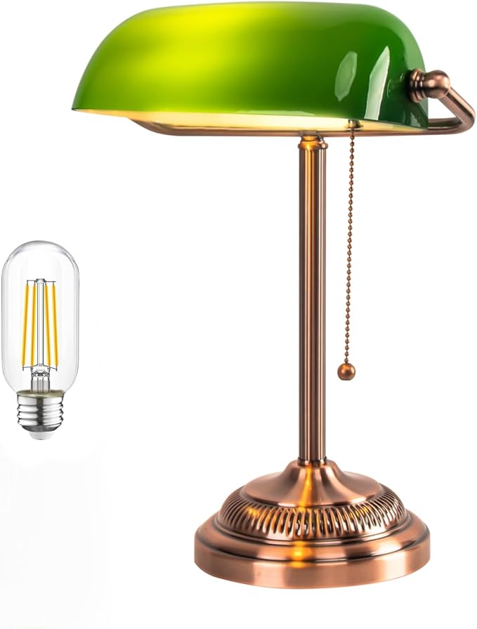FIRVRE Green Glass Bankers Desk Lamp, Traditional Banker's Lamp, Vintage Desk Lamp with Pull Chain Switch, Retro Table Lamps for Home Office, Library, Piano