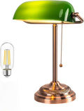 FIRVRE Green Glass Bankers Desk Lamp, Traditional Banker's Lamp, Vintage Desk Lamp with Pull Chain Switch, Retro Table Lamps for Home Office, Library, Piano