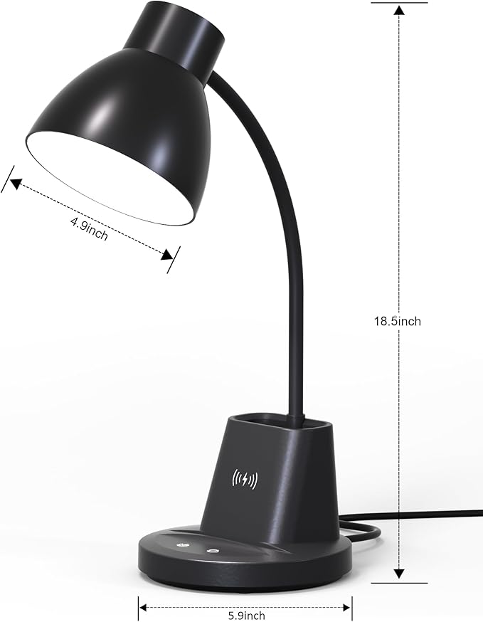 Sailstar Desk Lamp with Wireless Charger, 3 Color Modes Dimmable Desk Lights with Pen Holder, 800LM CRI 95+ Neck Flexible Desk Lamp for Home Office, College Dorm, Studying, Working, Adapter Included