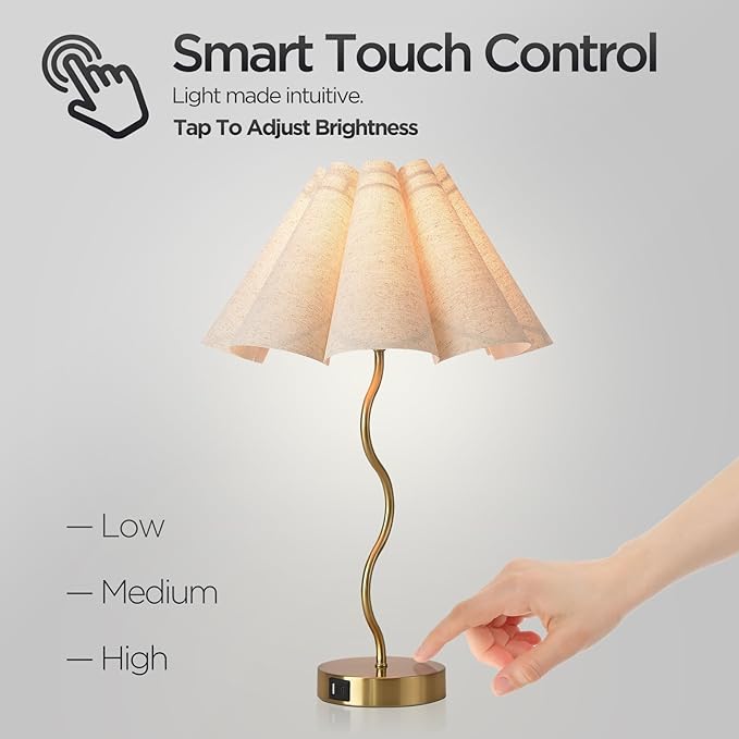 Touch Control Table Lamp with USB Ports, 27” Tall Gold Bedside Lamp with 3-Way Dimmable E26 Bulb, Fabric Shade & Curved Metal Stem, Modern Nightstand Lamp for Bedroom, Living Room, Office
