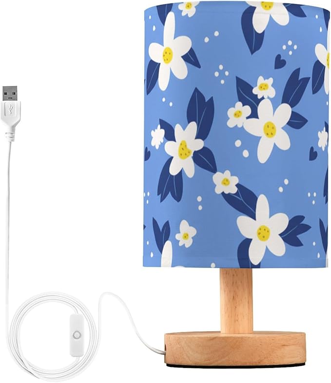 Blue Floral LED Table Lamp, Bedside Lamp with Linen Lampshade, Flicker-Free Eye Care USB Plug in Nightstand Lamp, for Bedroom and Office