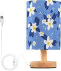 Blue Floral LED Table Lamp, Bedside Lamp with Linen Lampshade, Flicker-Free Eye Care USB Plug in Nightstand Lamp, for Bedroom and Office