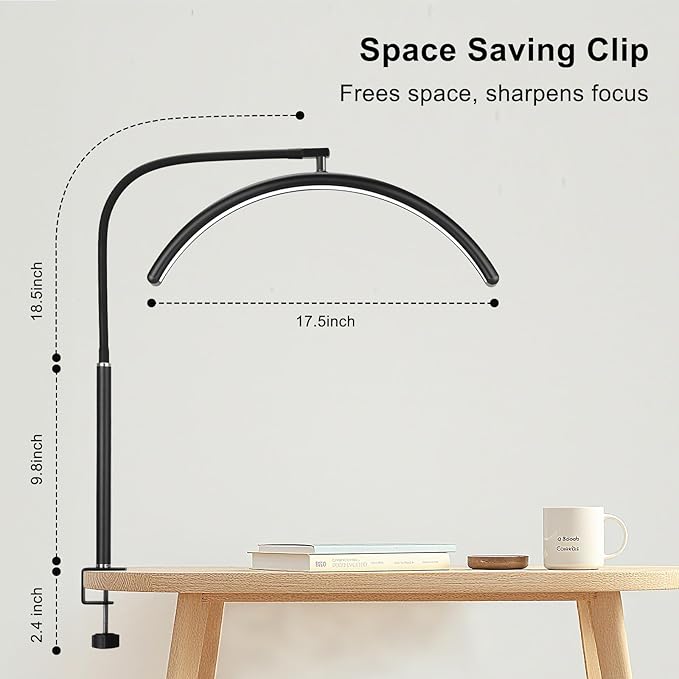 Professional Half Moon LED Desk Light for Nail Techs & Artists – Flexible Gooseneck Arch Table Lamp with Clamp, 5 Color Modes & 5 Brightness Levels for Manicure, Tattoo, Beauty Work