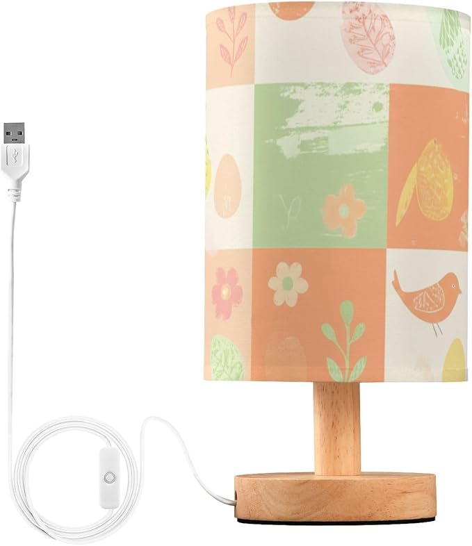 Gingham LED Table Lamp, Bedside Lamp with Linen Lampshade, Flicker-Free Eye Care USB Plug in Nightstand Lamp, for Bedroom and Office