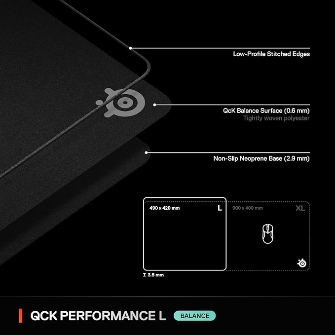 SteelSeries QcK L Performance Balance Gaming Mousepad — Extra Density for a Smooth Glide — Low-Profile Edge Stitching — Non-Slip Neoprene Rubber Base —16.54 x 19.29 inch — FPS, MOBAs, RTS, MMO