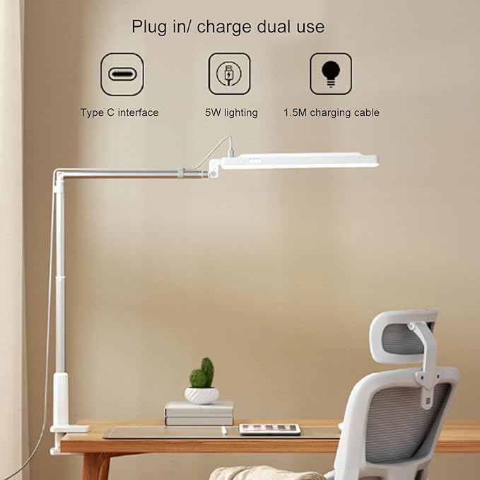 HURRISE LED Desk Lamp with Clamp, Eye Caring Clip Lights for Home Office, 3 Colors Full Brightness, Bright Modern LED Table Lamp for Nail Tech Architect