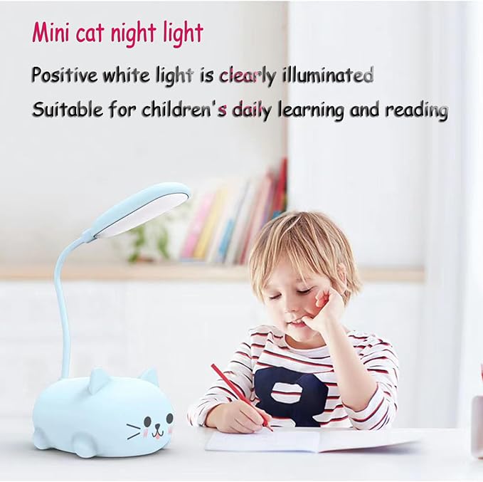 LED Desk Lamp for Kids, Cute Cat Lamp USB Rechargeable Reading Light,Portable LED Table Light, Flexible Gooseneck Eye-Care Cartoons Small Desk Lamp Girls Gifts(Pink)