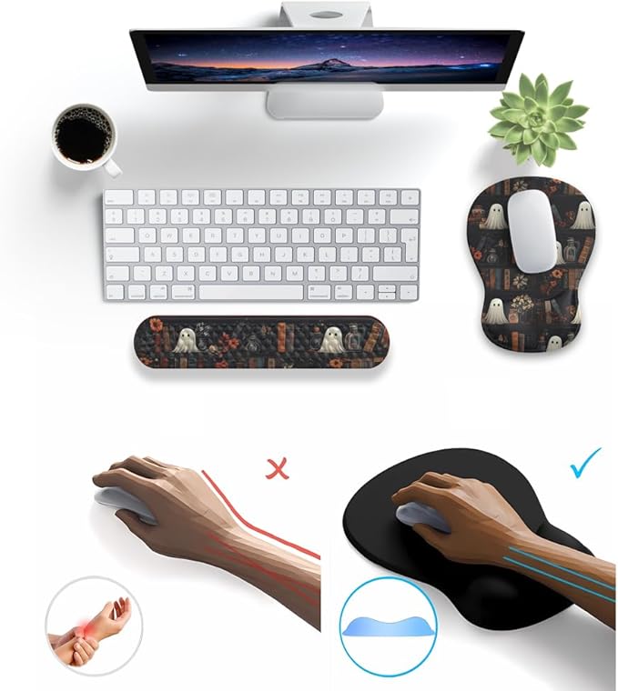 Ghost Book Mousepad with Wrist Rest Halloween Computer Keyboard Mouse Pad Black Cute, Mouse Pad with Wrist Rest for Computer Keyboard, 2 In 1 Mousepad with Wrist Support for Easy Typing & Ergonomic Comfort