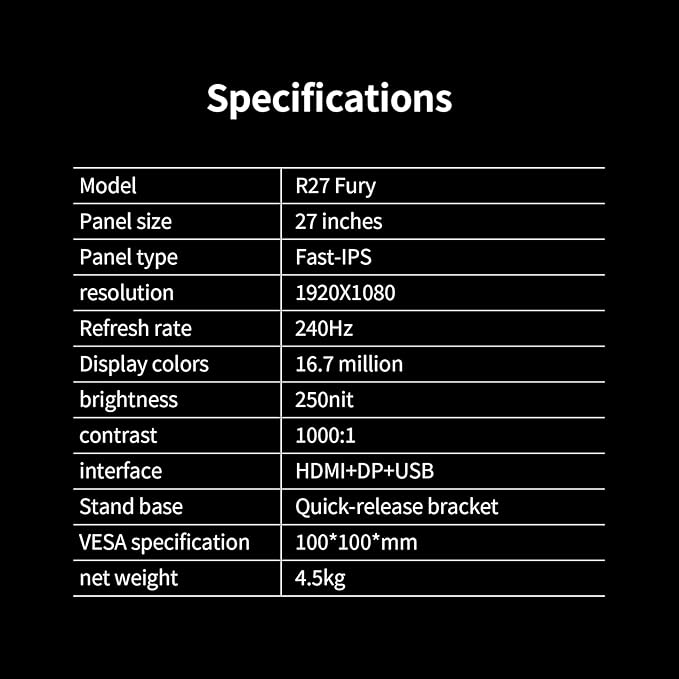 27 Inch Gaming Monitor, FHD(1920x1080), 240Hz Refresh Rate, Fast IPS Panel, 1ms Response Time, FreeSync & G-Sync Compatible, 100% sRGB, HDMI & DP Ports VESA Mount (R27 Fury)