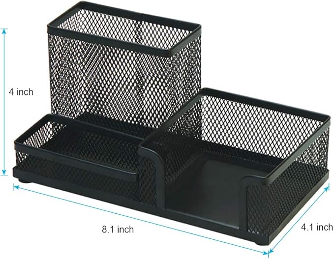 2-Piece Desk Pen & Pencil Organizer - Mesh Metal Pen Cup with Sticky Notes Holder, Black | Pen Cup, Marker Holder, Desk Caddy, Pen Organizer, Workspace