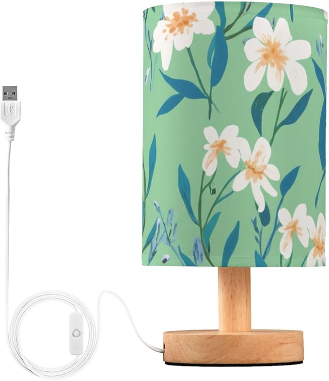 Green Floral LED Table Lamp, Bedside Lamp with Linen Lampshade, Flicker-Free Eye Care USB Plug in Nightstand Lamp, for Bedroom and Office