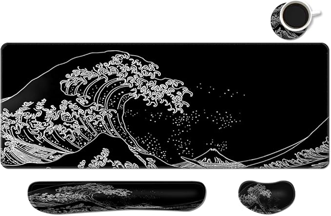 MIBITRI Keyboard Mouse Pad Set, Extended Gaming Mouse Pad+Ergonomics Keyboard Wrist Rest Support, Memory Foam, Easy Typing, 4Pcs XXL Ultra Thick Desk Mat, Japanese Wave