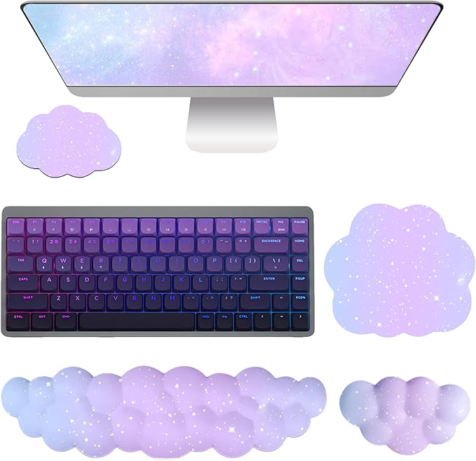 Cloud Mouse Pad Keyboard Wrist Rest for Mouse 4PCS Mini Small Starry Sky Galaxy Desk Mat Pad Set Memory Foam Non-Slip Cute Ergonomic Gaming Mouse Wrist Support for Computer Home Office Purple Blue
