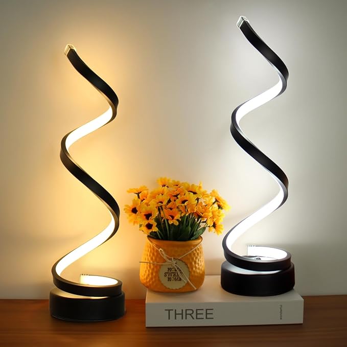 Modern Table Lamp Set of 2, Dimmable Spiral Desk Lamps for Bedside, 12W LED with 3 Color & 10 Brightness Levels, Perfect for Bedroom & Living Room (Black)