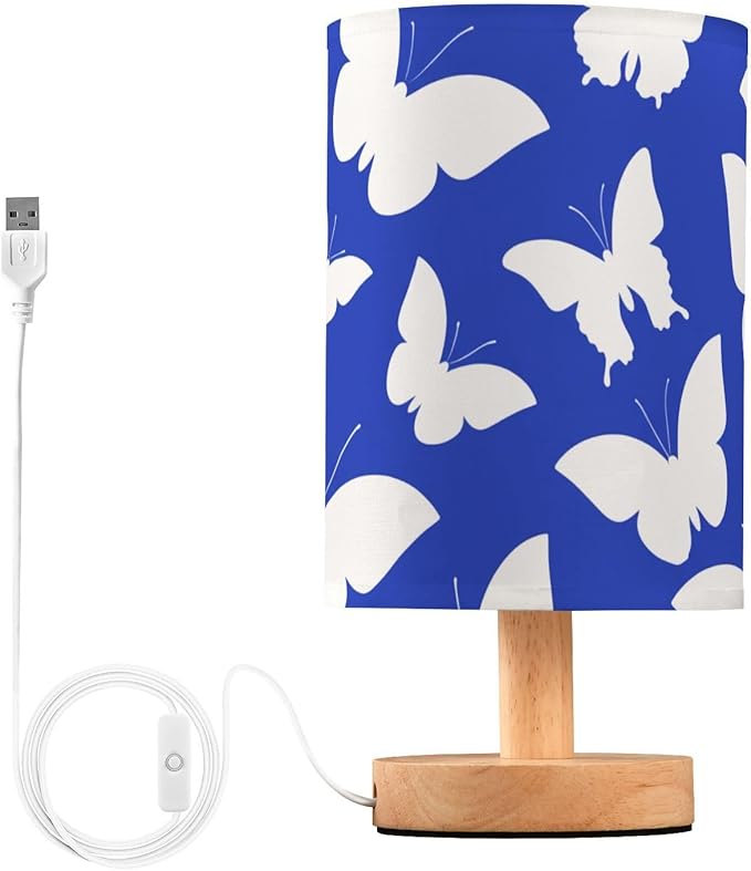White Butterfly LED Table Lamp, Bedside Lamp with Linen Lampshade, Flicker-Free Eye Care USB Plug in Nightstand Lamp, for Bedroom and Office
