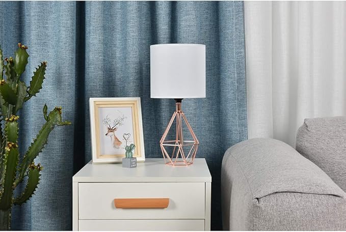 COTULIN Rose Gold Bedside Table Lamp,Modern Small Desk Lamp with TC Fabric Shade Geometric Metal Base for Kids Living Room Bedroom Nightstand