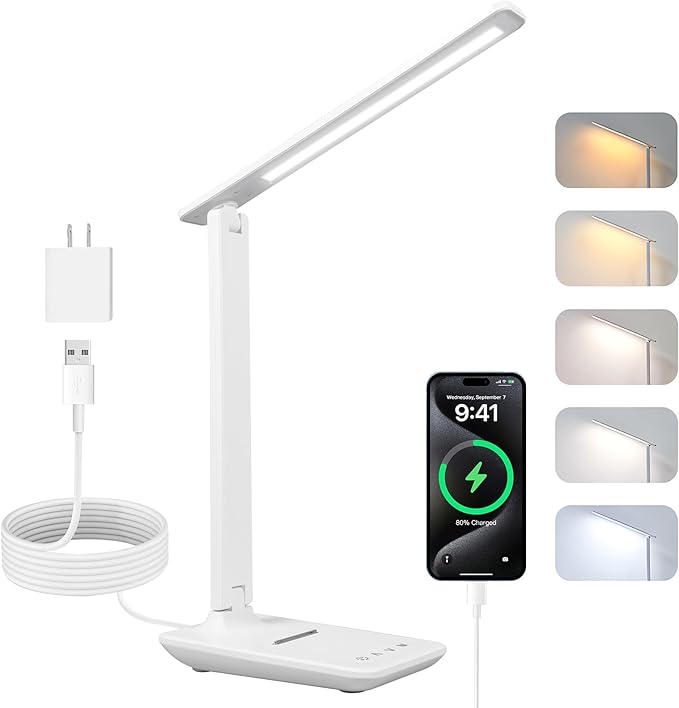 LED Desk Lamp, Dimmable Table Lamp with 5 Colors and 5 Brightness Levels, Reading Light with USB Charging Port, Touch Control for Children, Bedroom, Reading, Offices