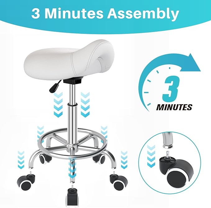 YEEZEE Saddle Stool Ergonomic- Comfortable Rolling Saddle Stool with Wide Thick Saddle Seat Padding, Swivel Adjustable Saddle Chair with Wheels and Ring Pedal for Medical Massage Salon (Classic White)