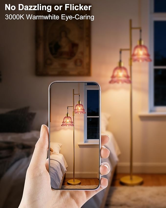 2-Light Gold Dimmable Floor Lamp for Living Room, 65IN Tall Standing Lamps with Deep Red Glass Lampshade, 3000K Warmwhite Mid Century Modern Floor Lamp for Bedroom/Sofa Beside/Corner Decor