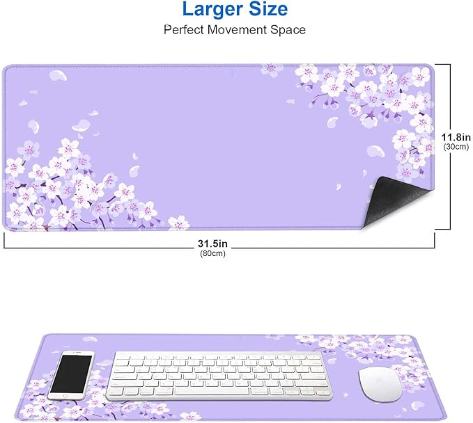 IMAYONDIA Sakura Japanese Desk Mat, Cherry Blossom Large Gaming Mouse Pad, Elegant Floral Mousepad for Women, Purple Flowers Aesthetic Desk Pad for Work Decor, Game, Office, 31.5x11.8