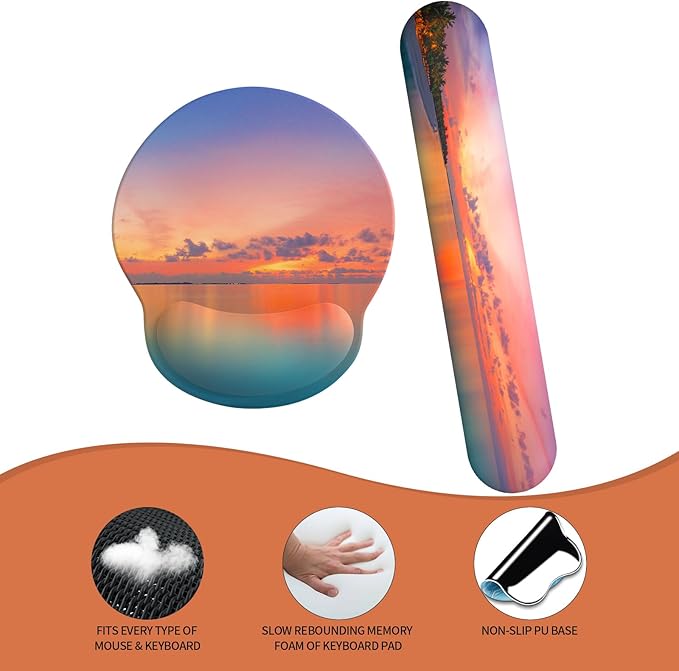 eulps Mouse Pad Wrist Support, Ergonomic Memory Foam Keyboard Wrist Pad & Gel Wrist Rest Set for Computer Keyboard for Easy Typing for Office & Home (Oceanic Sunset Set)