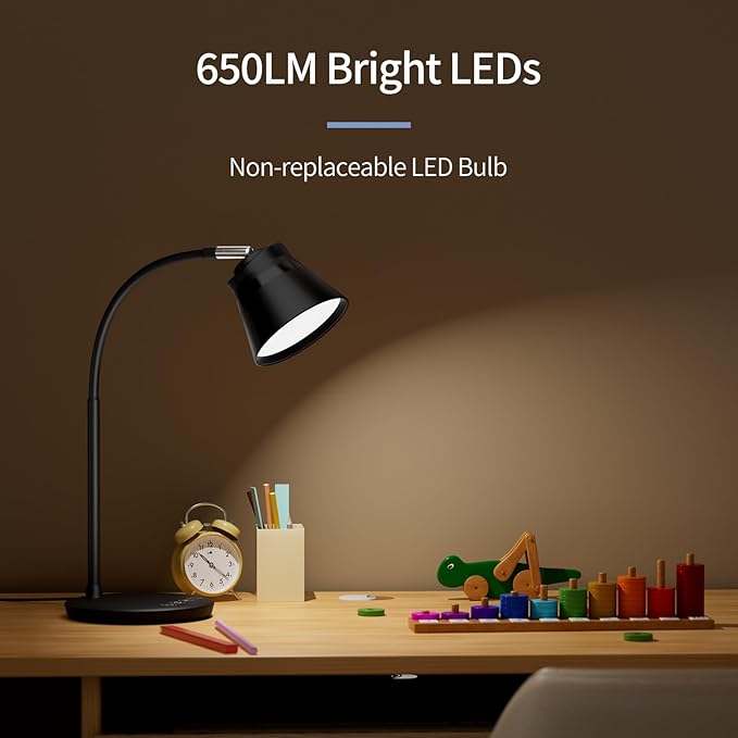 AXX TU08 LED Small Desk Lamp with USB Charging Port, 650 Lumens 3-Color Modes, 5-Touch Dimming, 30/60-Minute Timer, 18-Inch Black Table Light for Reading, Home Office, College Dorm Room Accessories