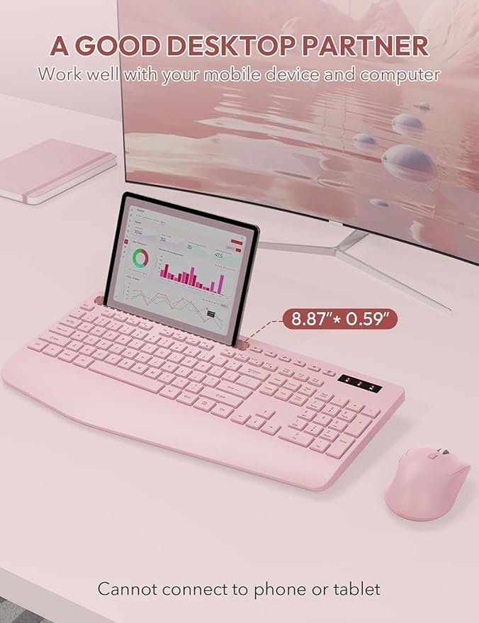 Wireless Keyboard and Mouse, Wrist Rest, Phone Holder, 2.4G Lag-Free Ergonomic Keyboards Mouse Combo, KM23D Silent Keyboards Set for Computer, Laptop, PC, Windows, Pink -SABLUTE