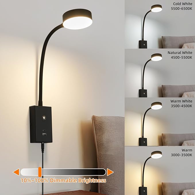 LED Wall Mounted Reading Light for Bed, Flexible Gooseneck Book Light for Wall Bedside Lamp with USB-A/C Output,Touch Control 5 Dimmable Headboard Bed Lights