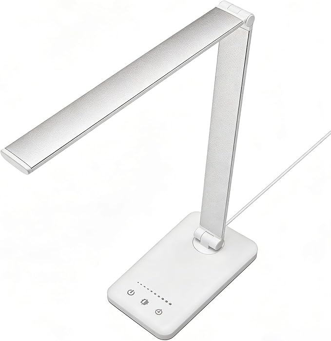 LED Desk Lamp with USB Charging Port, 5 Color Modes, 10 Dimmable Brightness Levels, Eye-Caring Reading Light, Touch Control & 30/60 min Auto Timer, Silver